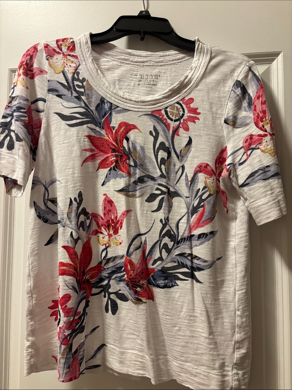 Chico's White Short-Sleeve Tee with Red Floral and Navy Leaves